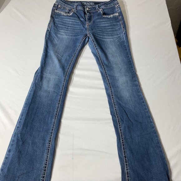 Grace In L.A. Womens Embellished Bootcut Jeans Size 28 Blue Denim With Decorativ - Picture 4 of 11